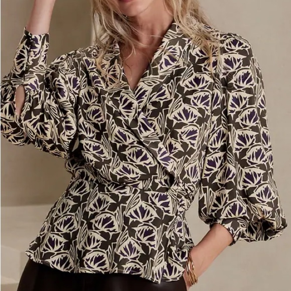 Banana Republic | Silky Brown, Blue/Purple and Cream Wrap Blouse size medium NWT